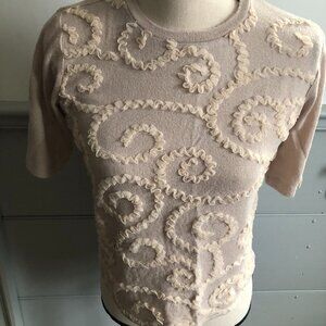 Zara Sweater Womens Small beige short sleeve all over ecru ribbon ruffle trims